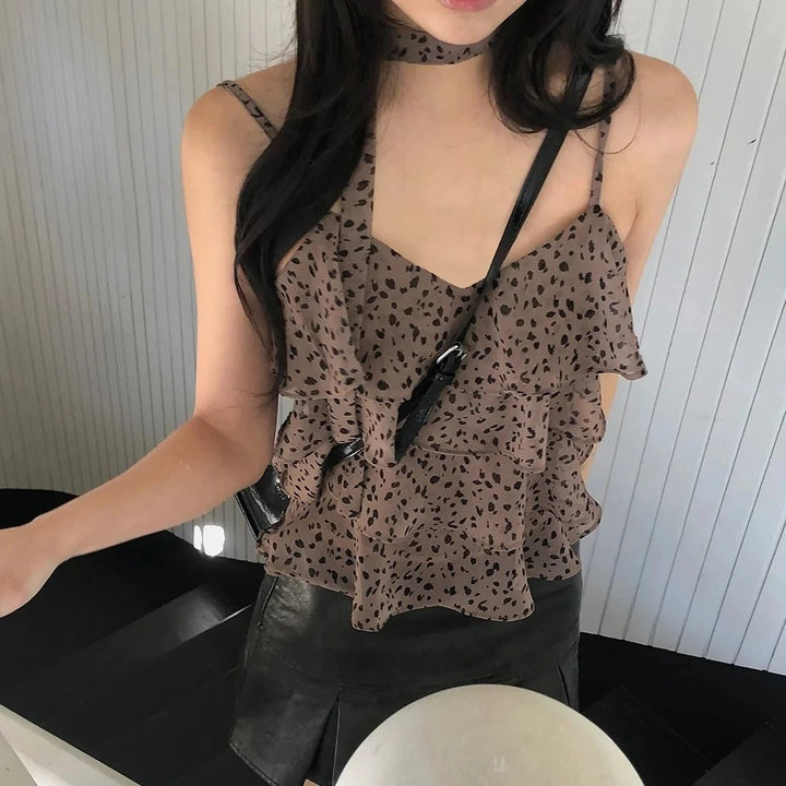 Leopard Layered Strap Tank Top with Cake Ruffle Design - VeauBeauty
