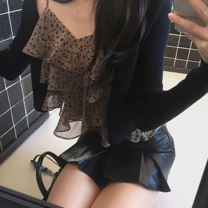 Leopard Layered Strap Tank Top with Cake Ruffle Design - VeauBeauty