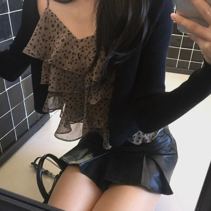 Leopard Layered Strap Tank Top with Cake Ruffle Design - VeauBeauty