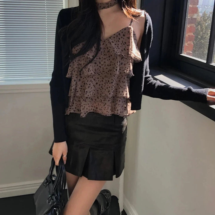 Leopard Layered Strap Tank Top with Cake Ruffle Design - VeauBeauty