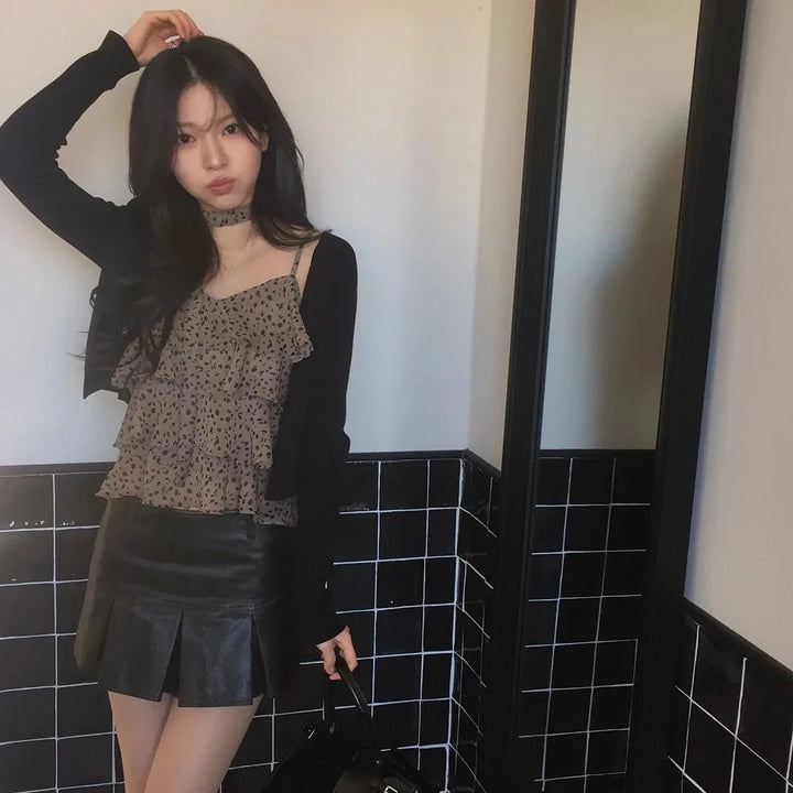 Leopard Layered Strap Tank Top with Cake Ruffle Design - VeauBeauty