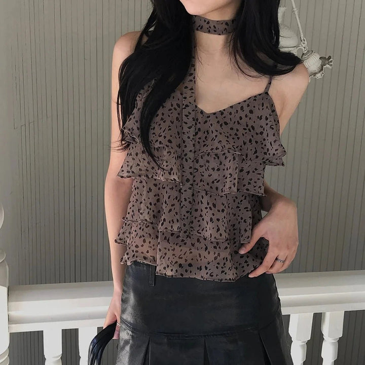 Leopard Layered Strap Tank Top with Cake Ruffle Design - VeauBeauty