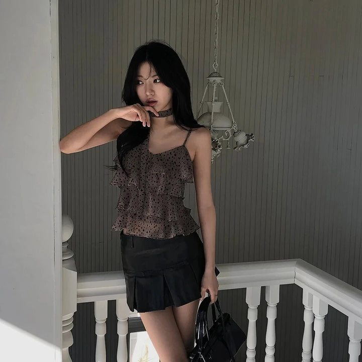 Leopard Layered Strap Tank Top with Cake Ruffle Design - VeauBeauty