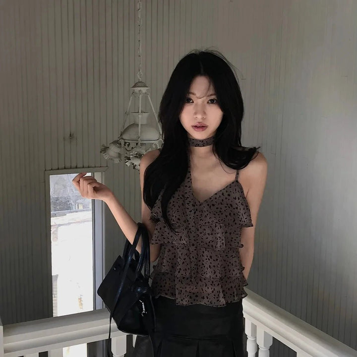 Leopard Layered Strap Tank Top with Cake Ruffle Design - VeauBeauty