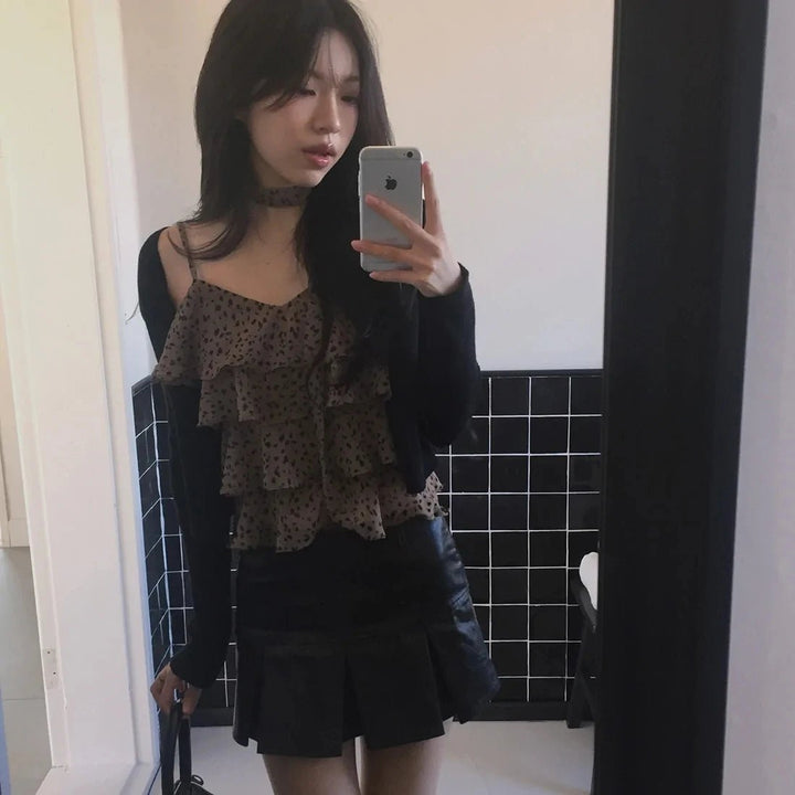 Leopard Layered Strap Tank Top with Cake Ruffle Design - VeauBeauty