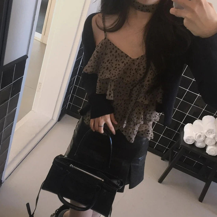 Leopard Layered Strap Tank Top with Cake Ruffle Design - VeauBeauty