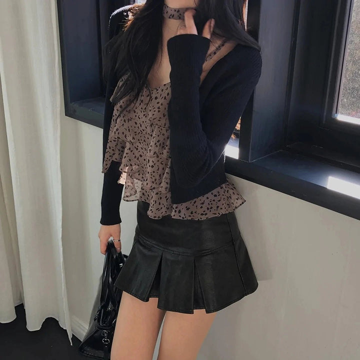 Leopard Layered Strap Tank Top with Cake Ruffle Design - VeauBeauty
