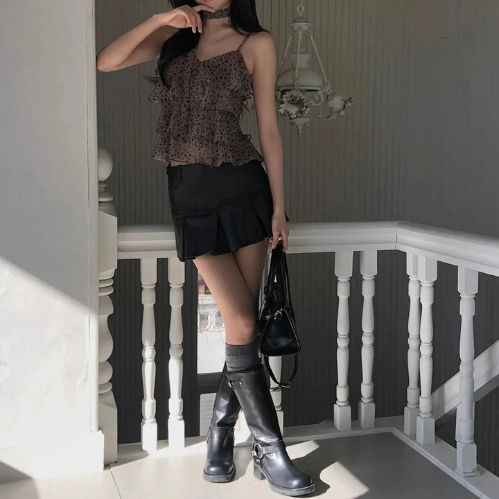 Leopard Layered Strap Tank Top with Cake Ruffle Design - VeauBeauty
