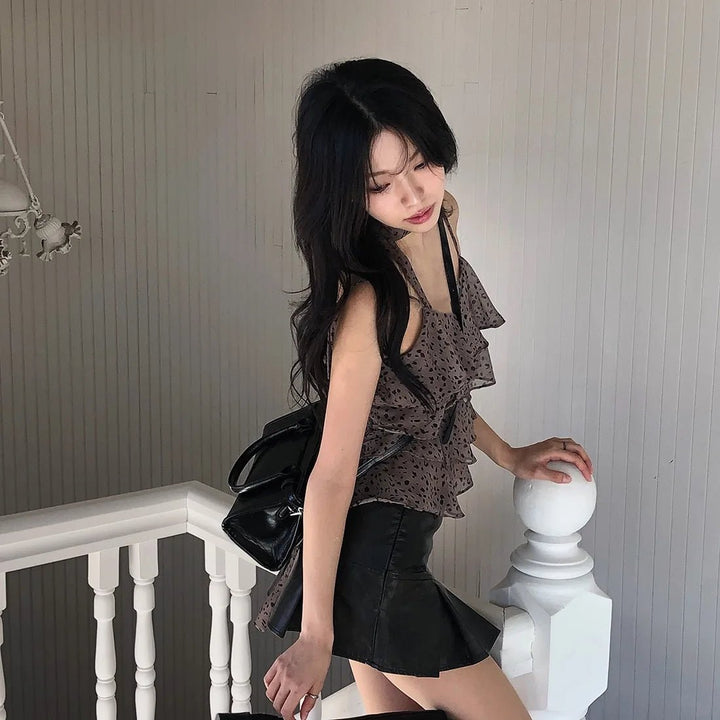 Leopard Layered Strap Tank Top with Cake Ruffle Design - VeauBeauty