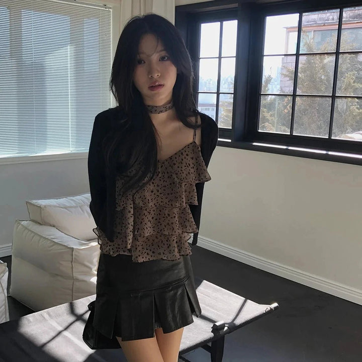 Leopard Layered Strap Tank Top with Cake Ruffle Design - VeauBeauty
