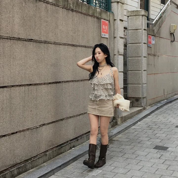 Leopard Layered Strap Tank Top with Cake Ruffle Design - VeauBeauty