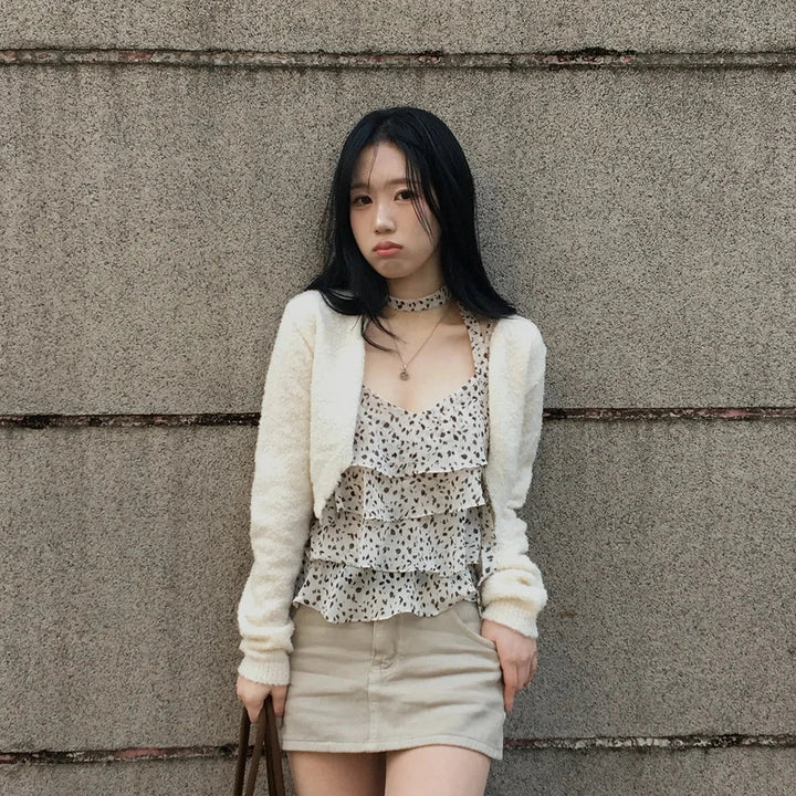 Leopard Layered Strap Tank Top with Cake Ruffle Design - VeauBeauty