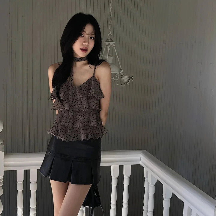 Leopard Layered Strap Tank Top with Cake Ruffle Design - VeauBeauty
