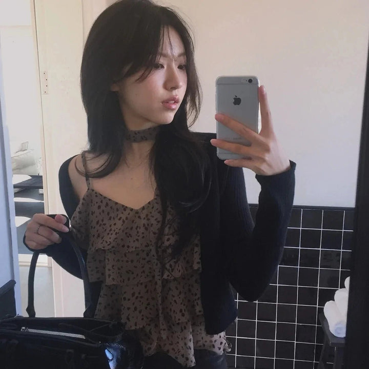 Leopard Layered Strap Tank Top with Cake Ruffle Design - VeauBeauty