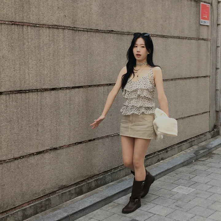 Leopard Layered Strap Tank Top with Cake Ruffle Design - VeauBeauty
