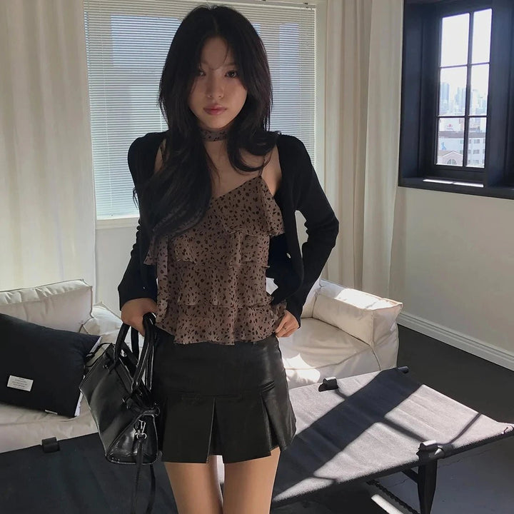 Leopard Layered Strap Tank Top with Cake Ruffle Design - VeauBeauty