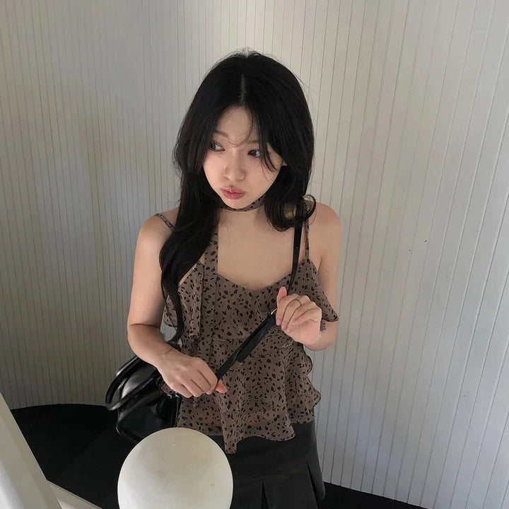 Leopard Layered Strap Tank Top with Cake Ruffle Design - VeauBeauty
