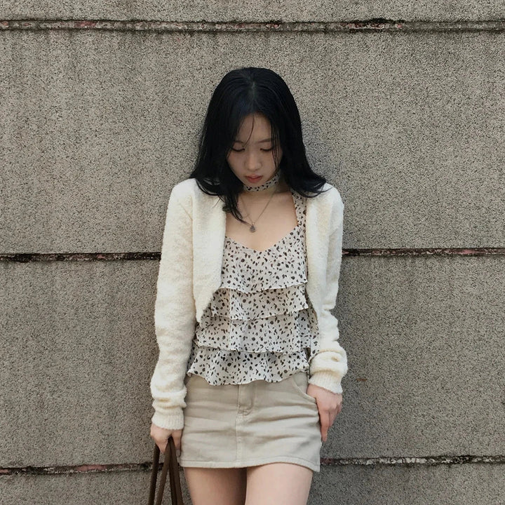 Leopard Layered Strap Tank Top with Cake Ruffle Design - VeauBeauty