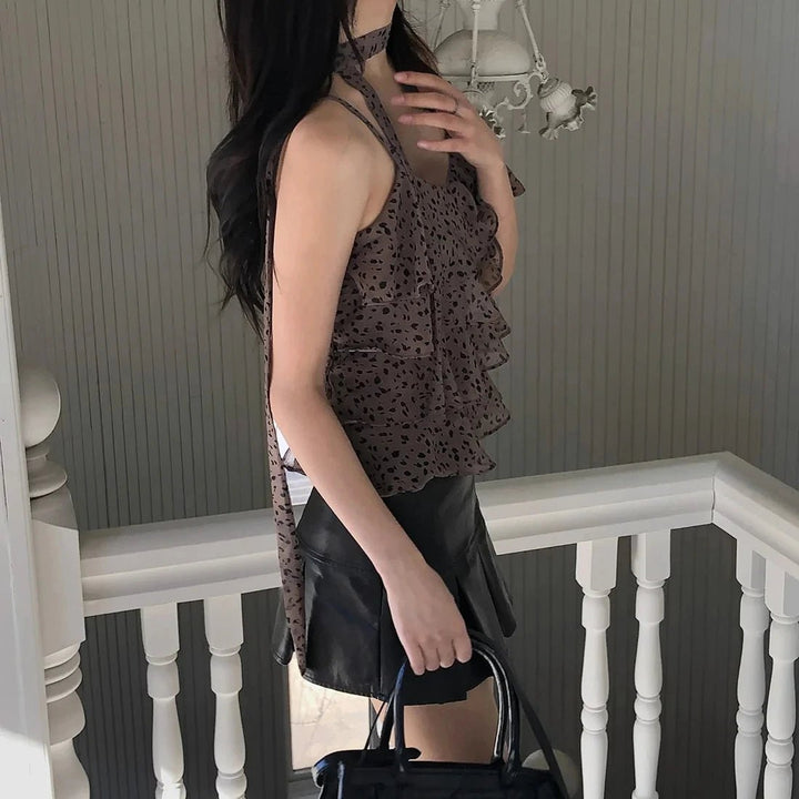 Leopard Layered Strap Tank Top with Cake Ruffle Design - VeauBeauty