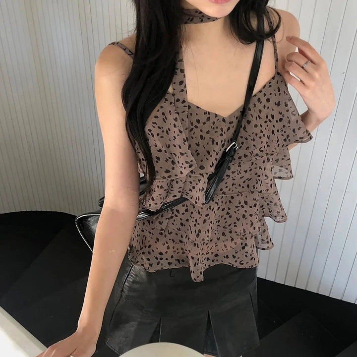 Leopard Layered Strap Tank Top with Cake Ruffle Design - VeauBeauty