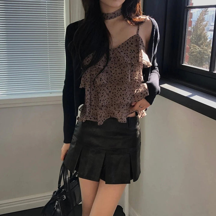 Leopard Layered Strap Tank Top with Cake Ruffle Design - VeauBeauty