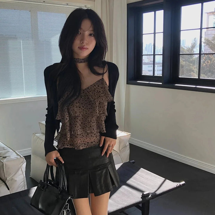 Leopard Layered Strap Tank Top with Cake Ruffle Design - VeauBeauty