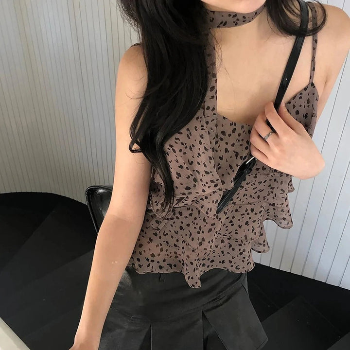 Leopard Layered Strap Tank Top with Cake Ruffle Design - VeauBeauty