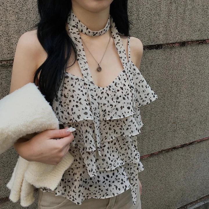 Leopard Layered Strap Tank Top with Cake Ruffle Design - VeauBeauty