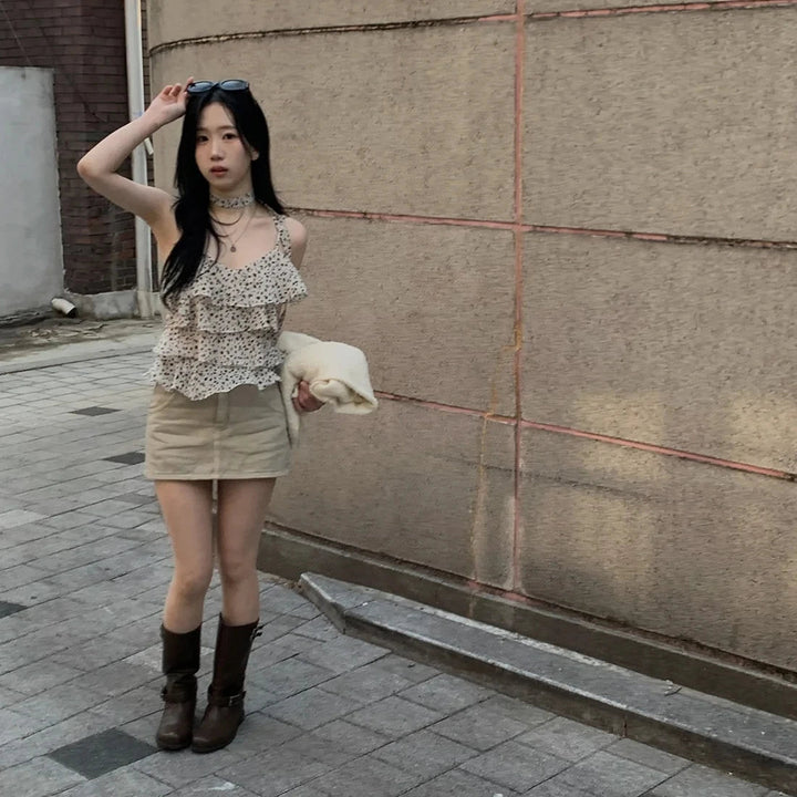 Leopard Layered Strap Tank Top with Cake Ruffle Design - VeauBeauty
