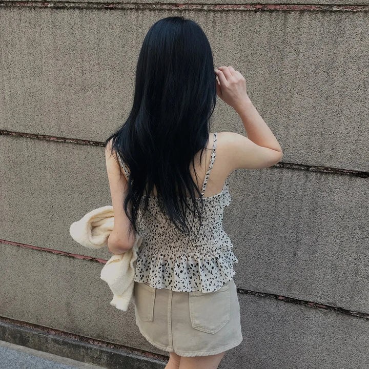 Leopard Layered Strap Tank Top with Cake Ruffle Design - VeauBeauty