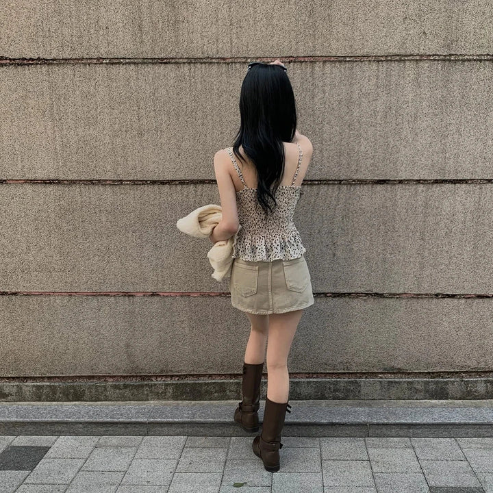 Leopard Layered Strap Tank Top with Cake Ruffle Design - VeauBeauty