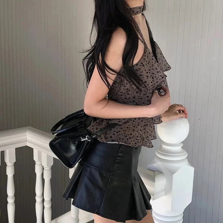 Leopard Layered Strap Tank Top with Cake Ruffle Design - VeauBeauty