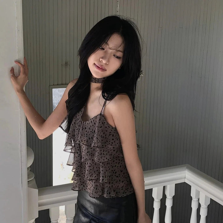 Leopard Layered Strap Tank Top with Cake Ruffle Design - VeauBeauty