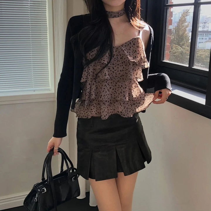 Leopard Layered Strap Tank Top with Cake Ruffle Design - VeauBeauty