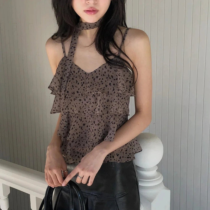 Leopard Layered Strap Tank Top with Cake Ruffle Design - VeauBeauty