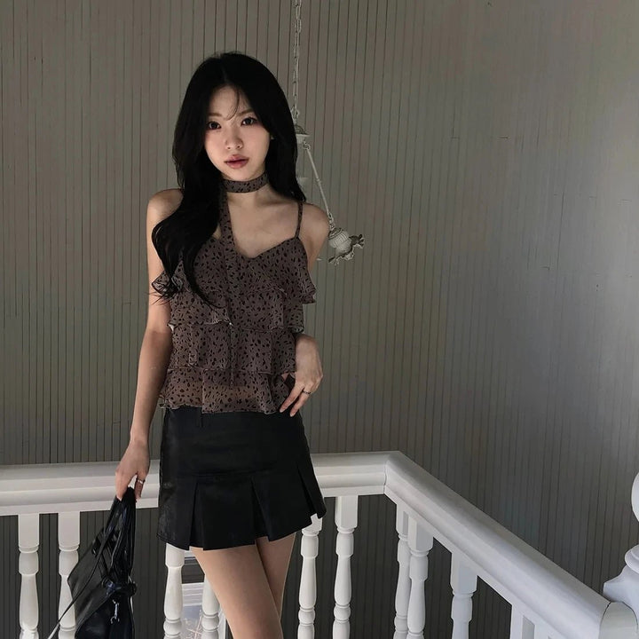 Leopard Layered Strap Tank Top with Cake Ruffle Design - VeauBeauty