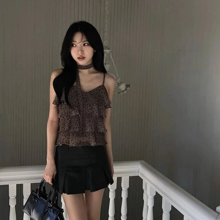 Leopard Layered Strap Tank Top with Cake Ruffle Design - VeauBeauty