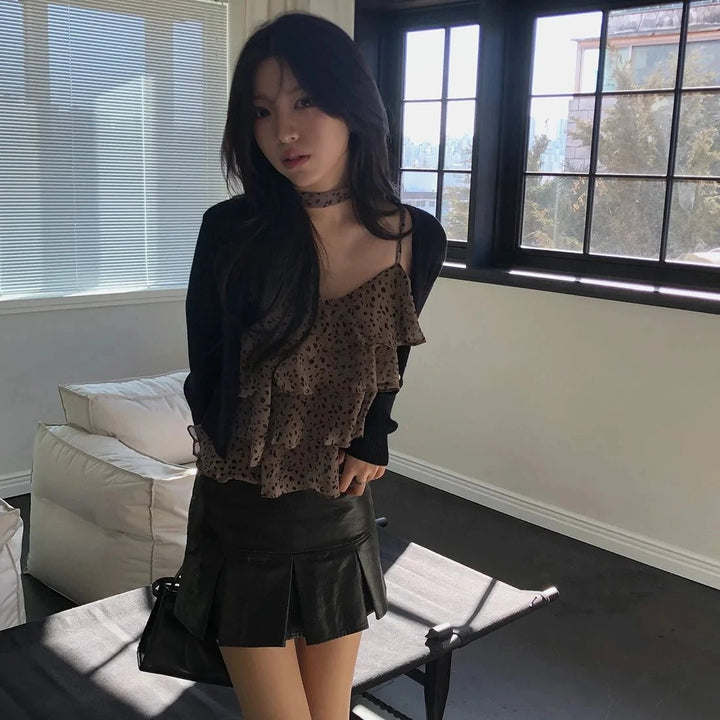 Leopard Layered Strap Tank Top with Cake Ruffle Design - VeauBeauty