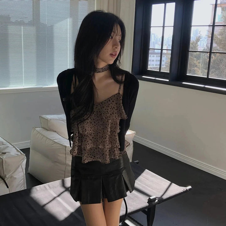 Leopard Layered Strap Tank Top with Cake Ruffle Design - VeauBeauty