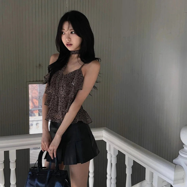 Leopard Layered Strap Tank Top with Cake Ruffle Design - VeauBeauty