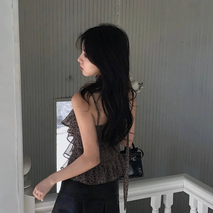 Leopard Layered Strap Tank Top with Cake Ruffle Design - VeauBeauty