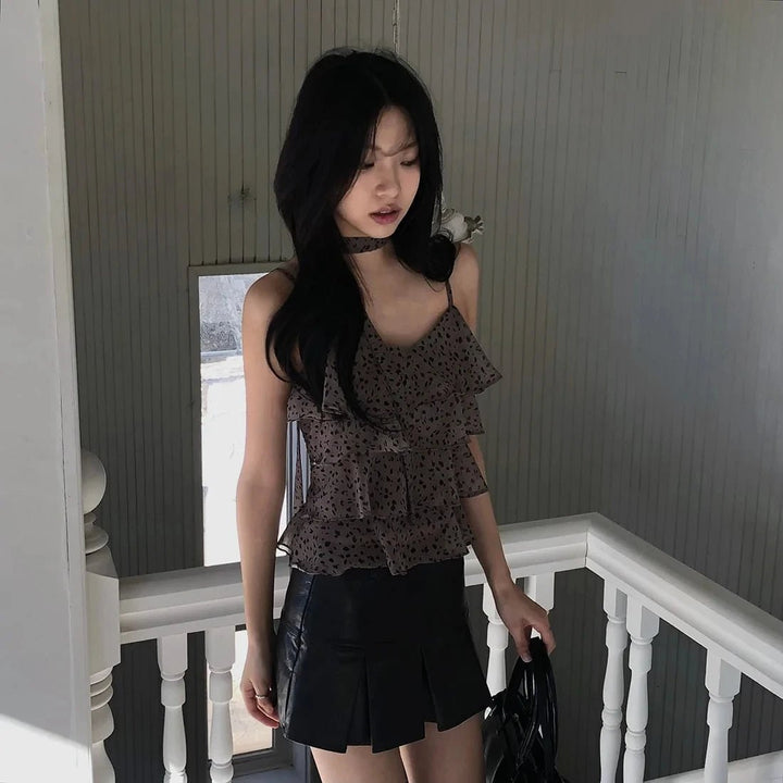 Leopard Layered Strap Tank Top with Cake Ruffle Design - VeauBeauty