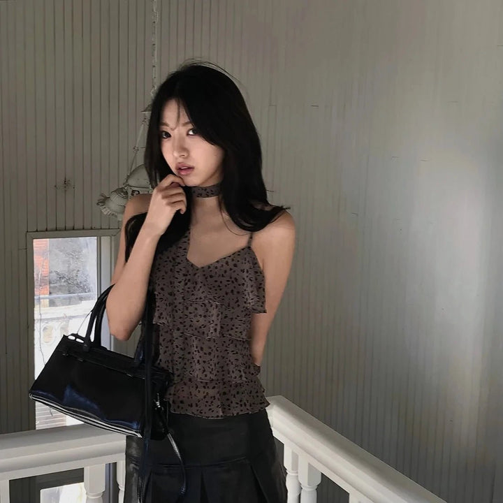 Leopard Layered Strap Tank Top with Cake Ruffle Design - VeauBeauty