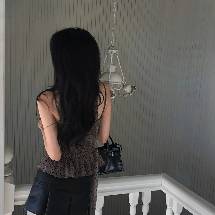 Leopard Layered Strap Tank Top with Cake Ruffle Design - VeauBeauty