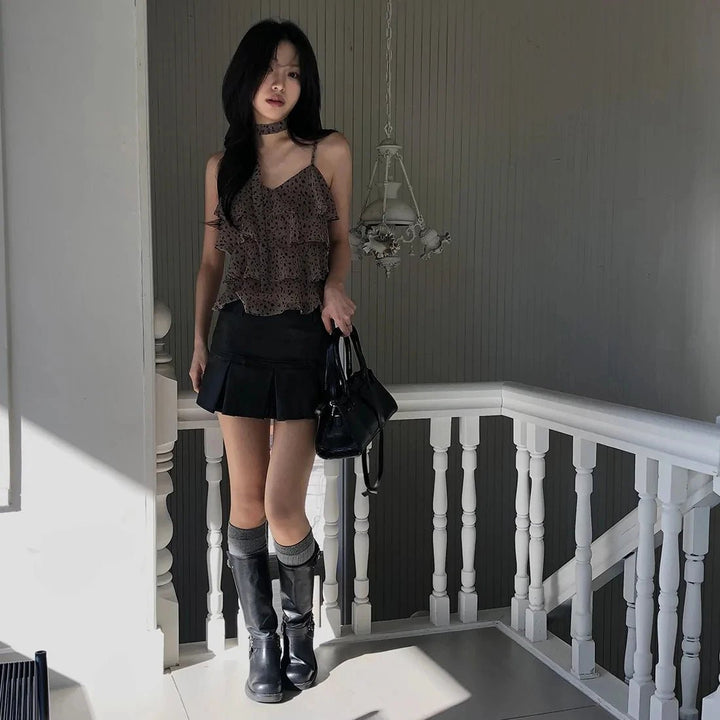 Leopard Layered Strap Tank Top with Cake Ruffle Design - VeauBeauty
