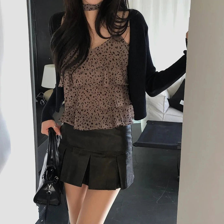 Leopard Layered Strap Tank Top with Cake Ruffle Design - VeauBeauty