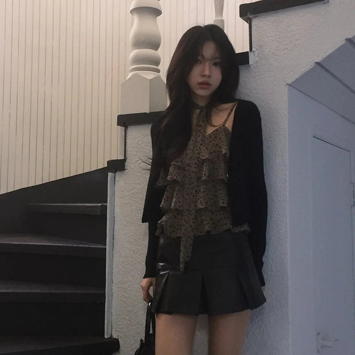 Leopard Layered Strap Tank Top with Cake Ruffle Design - VeauBeauty