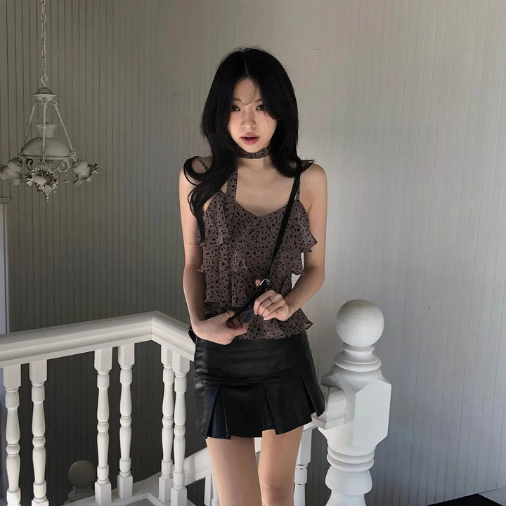 Leopard Layered Strap Tank Top with Cake Ruffle Design - VeauBeauty