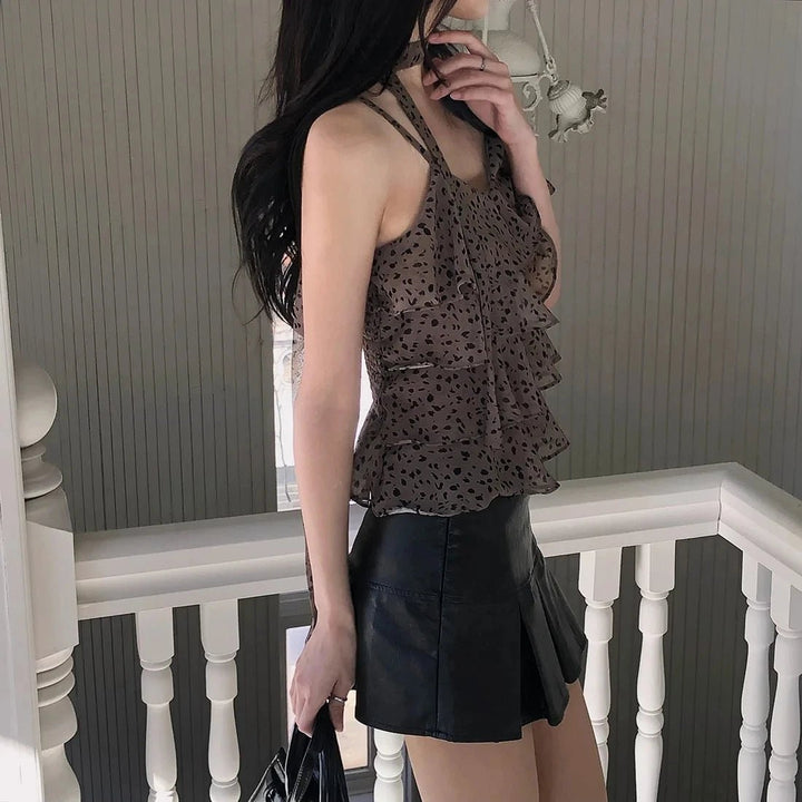 Leopard Layered Strap Tank Top with Cake Ruffle Design - VeauBeauty