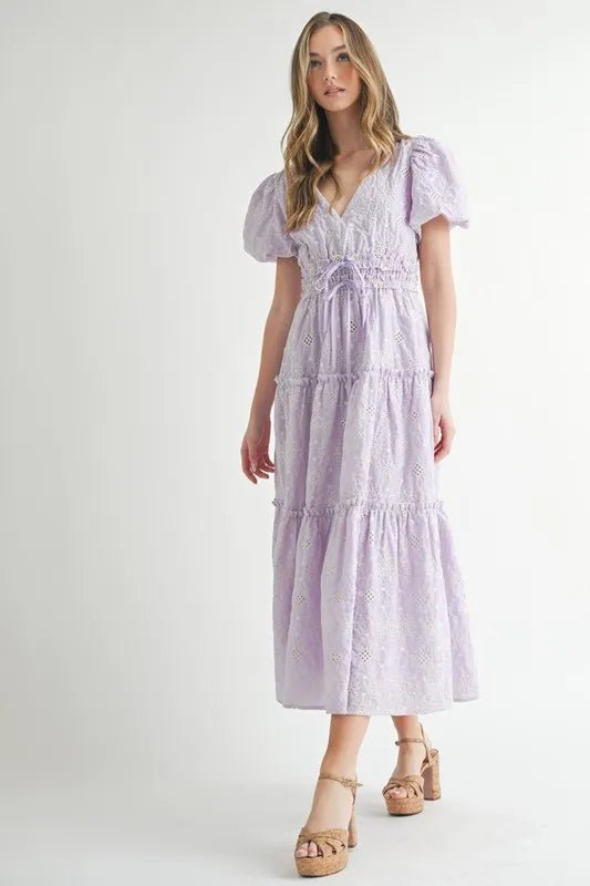 MABLE Eyelet Lace Puff Sleeve V Neck Midi Dress - VeauBeauty